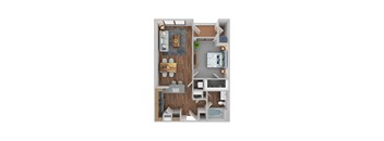 A 3D rendered image of a small apartment layout.