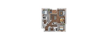 A 3D floor plan of a small apartment with a kitchen, living room, and bathroom.
