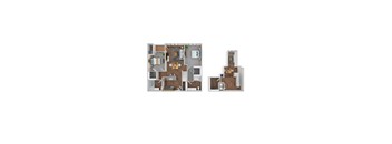 A floor plan of a two-bedroom apartment with a living room, kitchen, and bathroom.