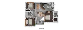 A floor plan of a house with two bedrooms, a living room, a kitchen, and a bathroom.