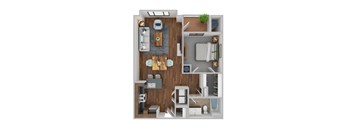 A top-down view of a small apartment with a kitchen, living room, and bedroom.