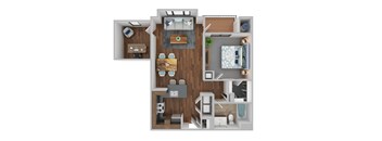 A 3D rendered image of a modern apartment layout.