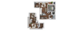 A top-down view of a house layout with a kitchen, living room, bedrooms, and bathrooms.
