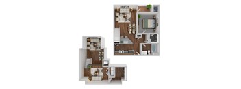 A 3D floor plan of a house with a kitchen, living room, dining room, and bedrooms.