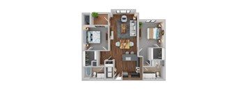 A top-down view of a modern apartment layout with a kitchen, living room, and bedrooms.