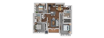 A top-down view of a small apartment layout with a kitchen, living room, and bedrooms.