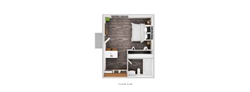 A floor plan of a small apartment with a bed, desk, and shelves.