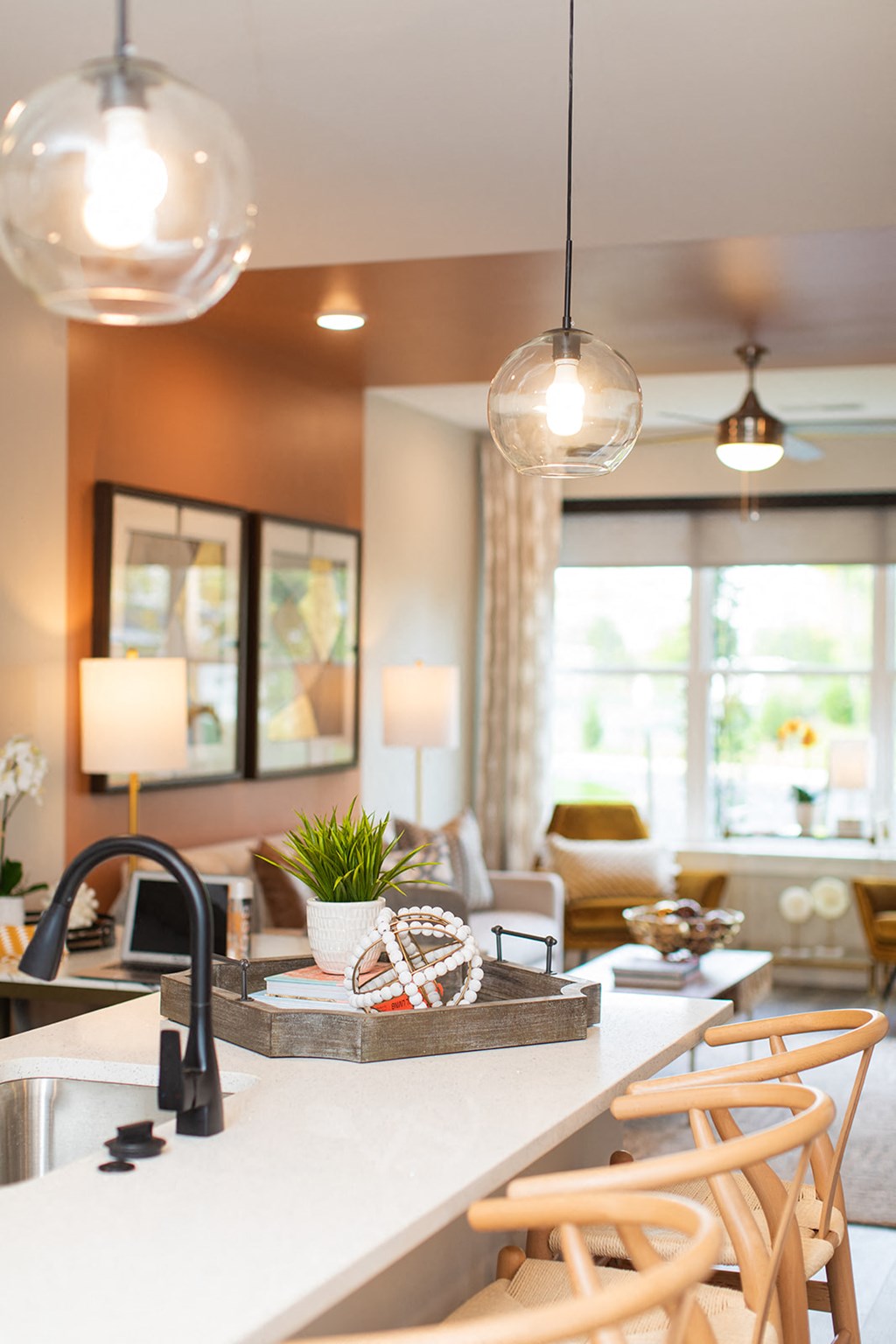 the kitchen and living room of a model home at The Yards at Malvern, Malvern, PA