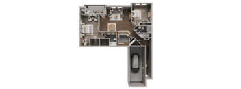 A 3D rendered image of a two bedroom 2 bathroom apartment