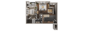 A 3D rendered image of a One bedroom/One Bath apartment