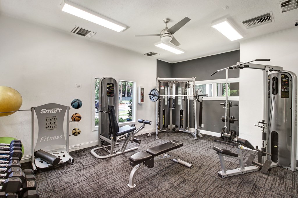 A gym with a variety of equipment including a treadmill, weights, and a bench.