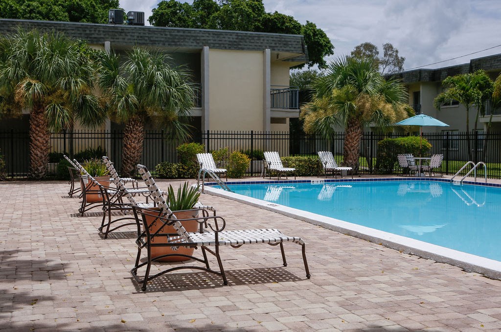 a swimming pool with chaise lounge chairs and palm trees in front of a building  at The Villas at Flagler Pointe, Saint Petersburg, Florida