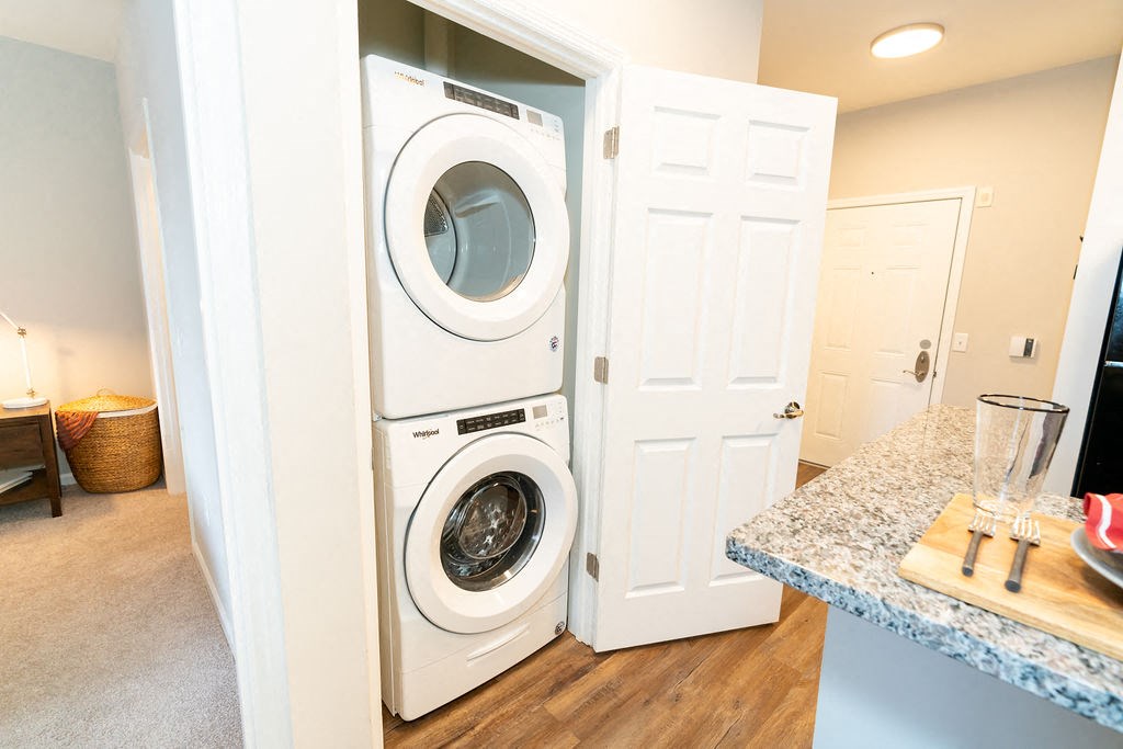 a washer and dryer in a laundry room at Merion Riverwalk Apartment Homes, Connecticut, 06484