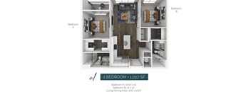 A diagram shows the layout of a 2 bedroom apartment with a living/dining area.