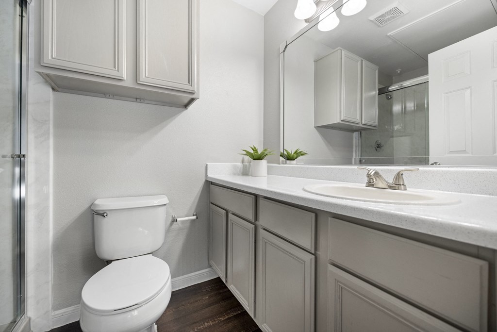 bright clean bathroom with walk-in shower