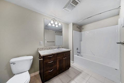 a bathroom with a toilet sink and shower and a mirror