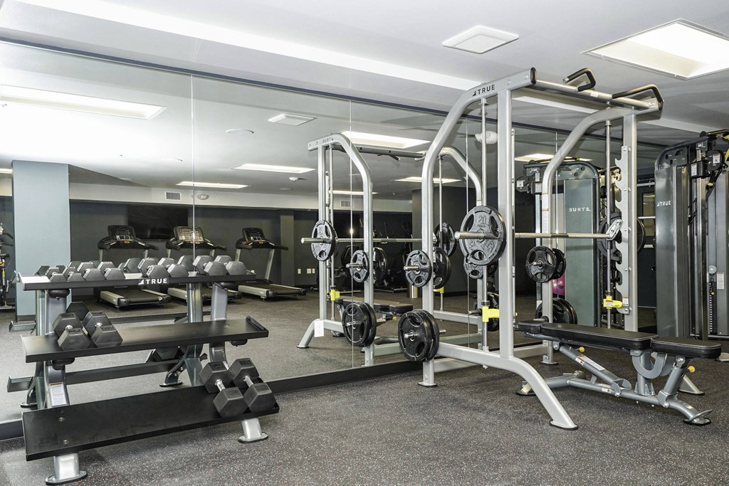 a gym with weights and mirrors in a building