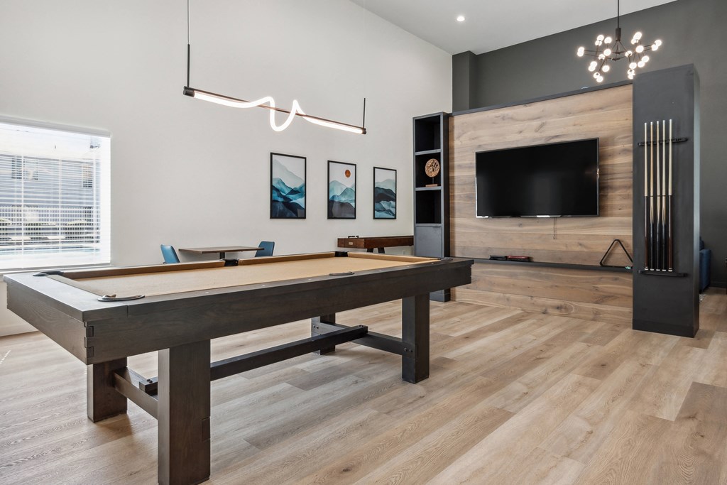 a games room with a pool table and a tv