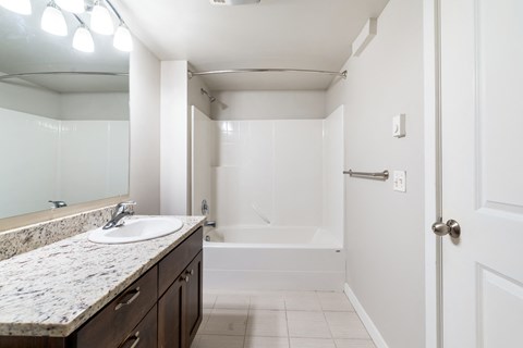a bathroom with a sink and a shower and a mirror