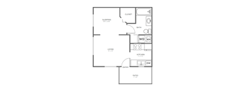 A floor plan of a small apartment with a sleeping area, bathroom, kitchen, living room, entry, and patio.