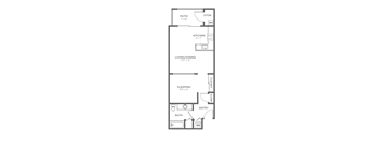 A floor plan of a small apartment with a sleeping area, kitchen, living/dining area, bathroom, and entry.
