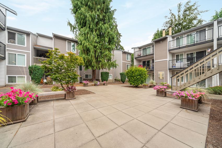 a courtyard between two apartment buildings with potted plants