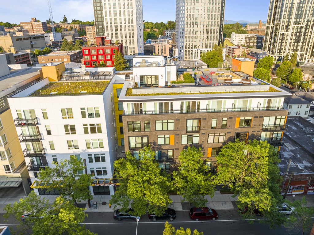 an aerial view of a building with a green roof