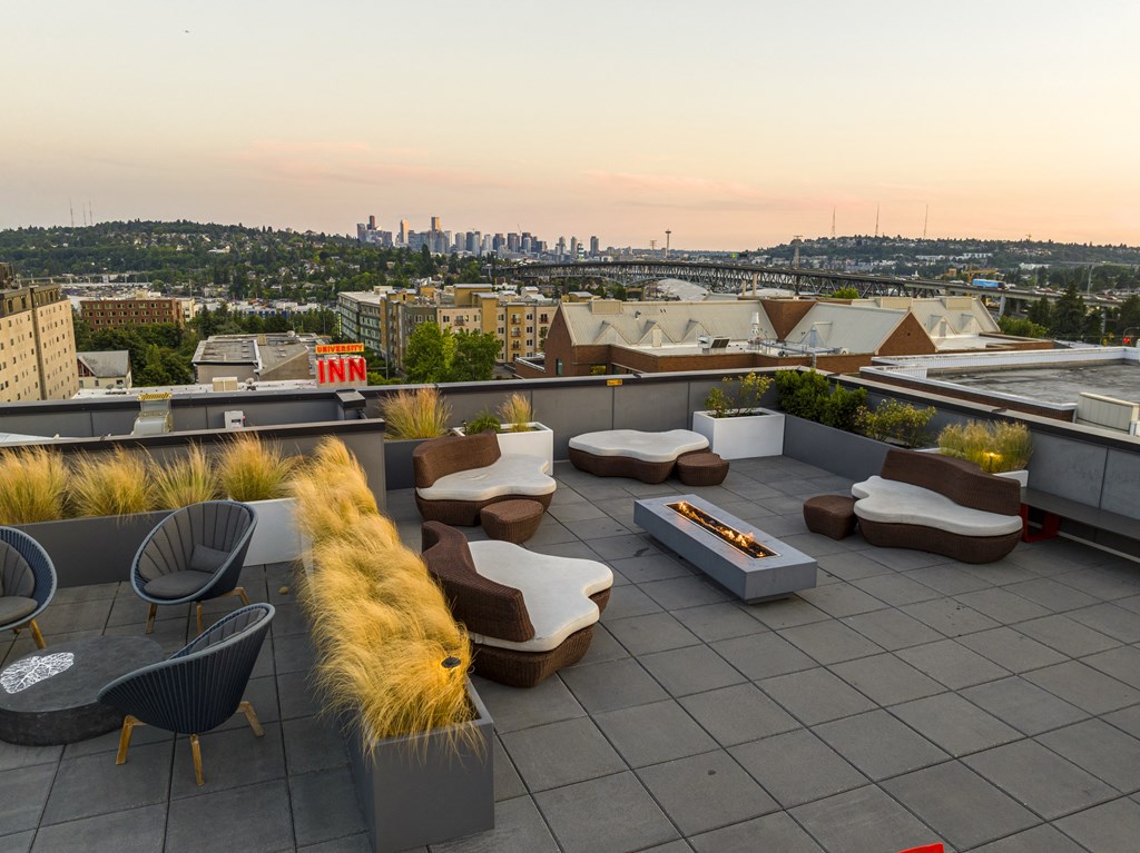 a roof deck with couches and a fire pit with a view of the city