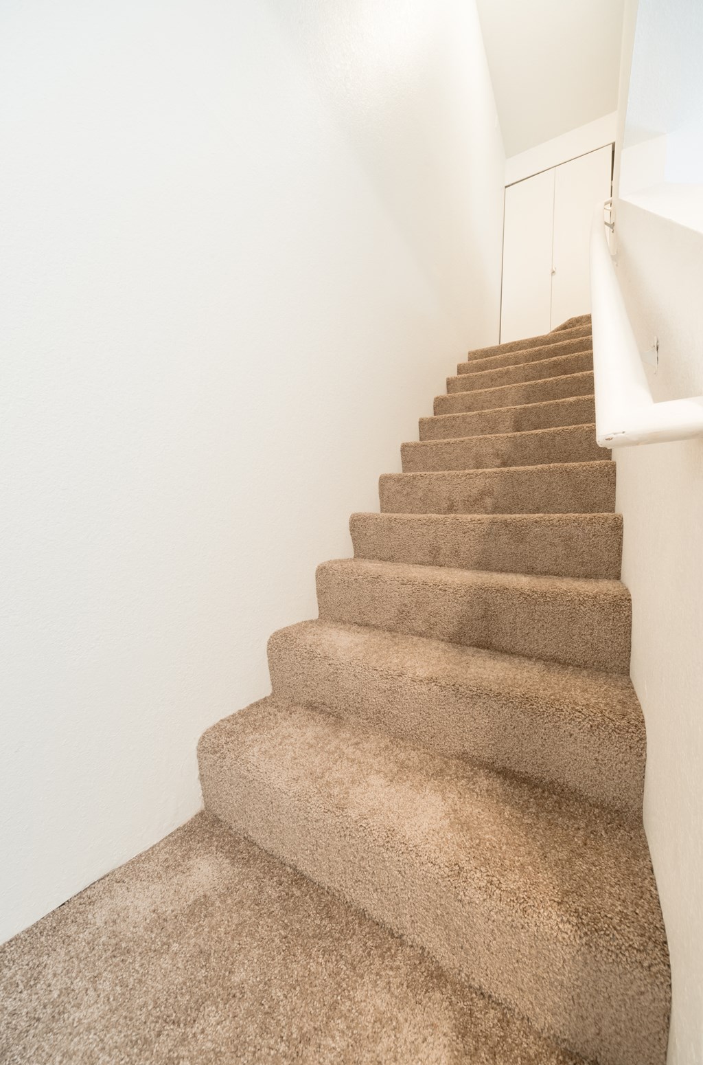 an image of a carpeted staircase in a home with white walls