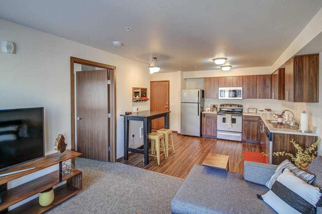 a living room and kitchen with a couch and a tv