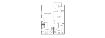 A black and white image of a house floor plan with a living/dining area, kitchen, bedroom, bathroom, and porch.