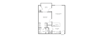 A floor plan of a small apartment with a bedroom, living/dining area, kitchen, bathroom, and patio.