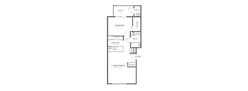 A floor plan of a small apartment with a living/dining closet, kitchen, bathroom, bedroom, and patio.