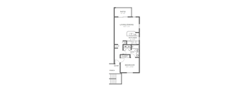 A floor plan of a house with a kitchen, living room, dining room, bathroom, and bedroom.