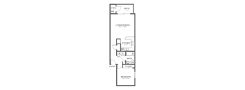 A black and white image of a floor plan for a one bedroom apartment.