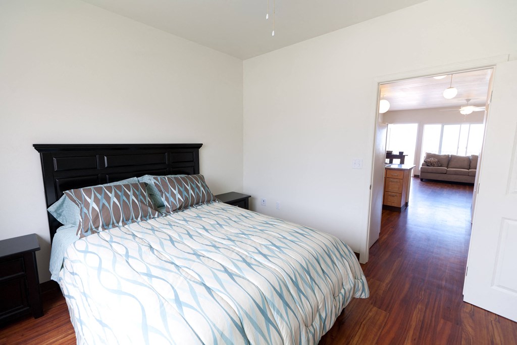 a bedroom with a bed and a view of a living room and a bathroom