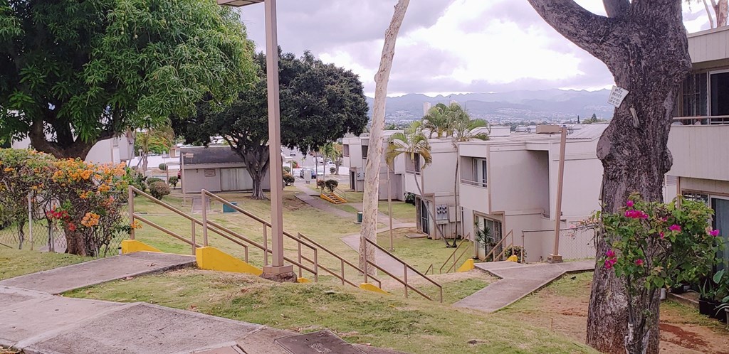 a view of a park in front of a building