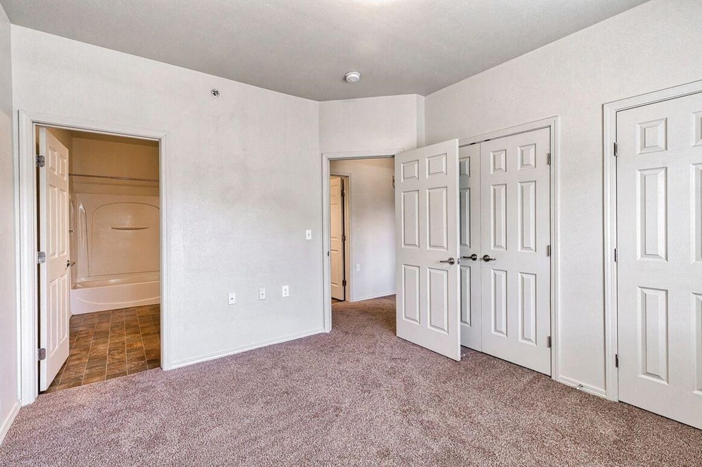 a bedroom with a closet and a door to a bathroom