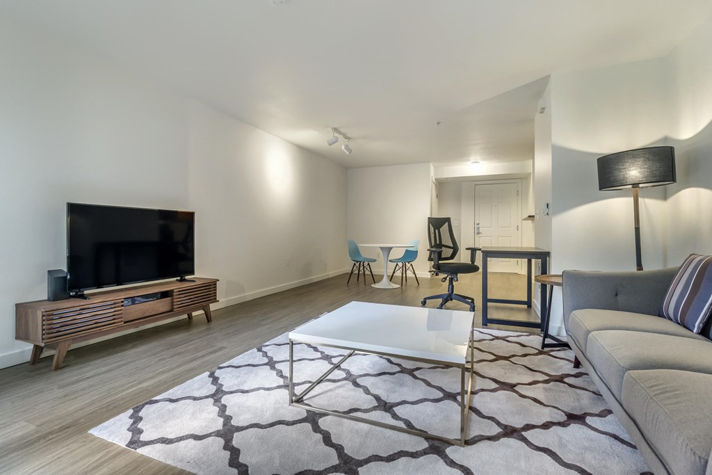 a living room with a couch and a coffee table and a television
