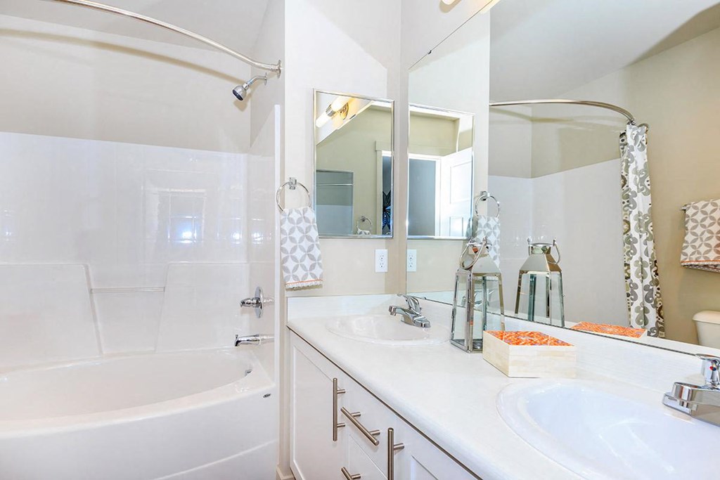 a bathroom with a tub and a sink and a mirror