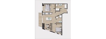 A floor plan of a house with a kitchen, living room, and two bedrooms.