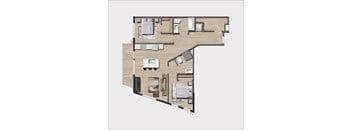 A floor plan of a house with a kitchen, living room, and two bedrooms.
