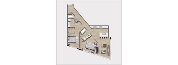 A floor plan of a house with a kitchen, living room, and two bedrooms.