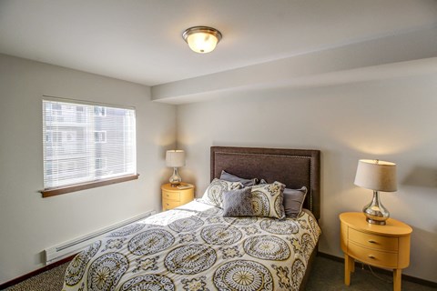 a bedroom with a large bed and a window