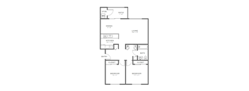 A floor plan of a small apartment with two bedrooms, a kitchen, a living room, a bathroom, a dining room, and a storage area.