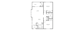 A floor plan of a small apartment with a living room, dining room, kitchen, and three bedrooms.