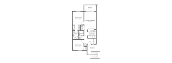 A black and white floor plan of a house with a patio, two bedrooms, a living/dining area, a kitchen, and a porch.