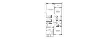 A floor plan of a house with a living area, kitchen, two bedrooms, a bathroom, and a porch.