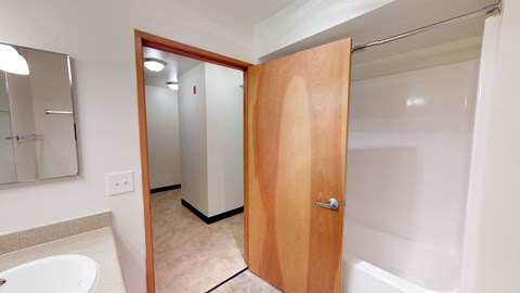 A bathroom with a white sink and a wooden door.