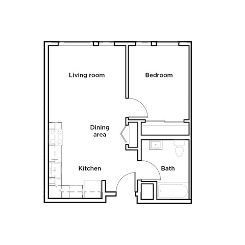 A floor plan of a small apartment with a living room, bedroom, dining area, kitchen, and bathroom.